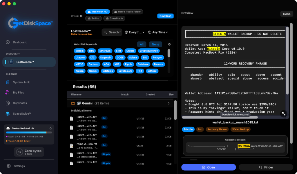 Crypto wallet backup search interface showing file previews